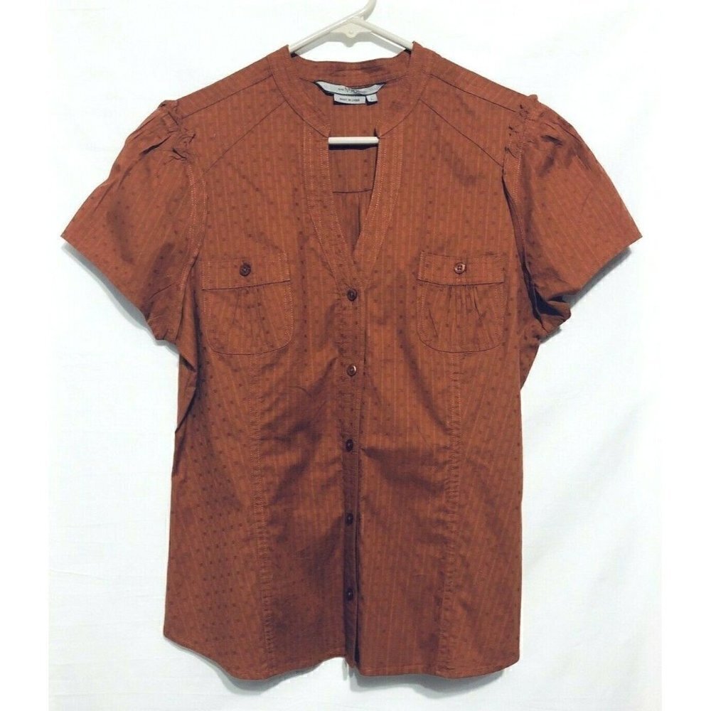 To The Max Blouse Womens Large Tapered Ruffle Shoulder Button V Neck Stretch
